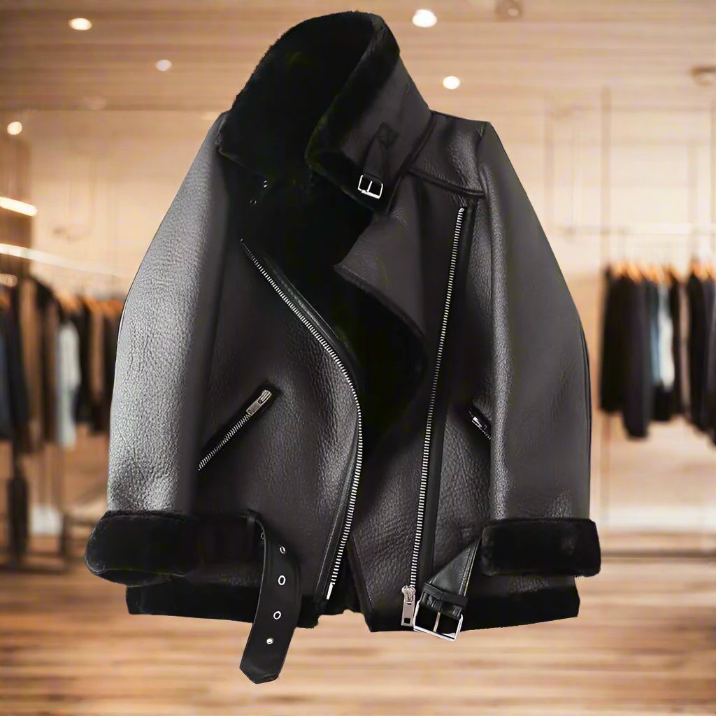 Annabelle Aviator Sheepskin Jacket for women in black leather, showcasing zipper details and sleek design.