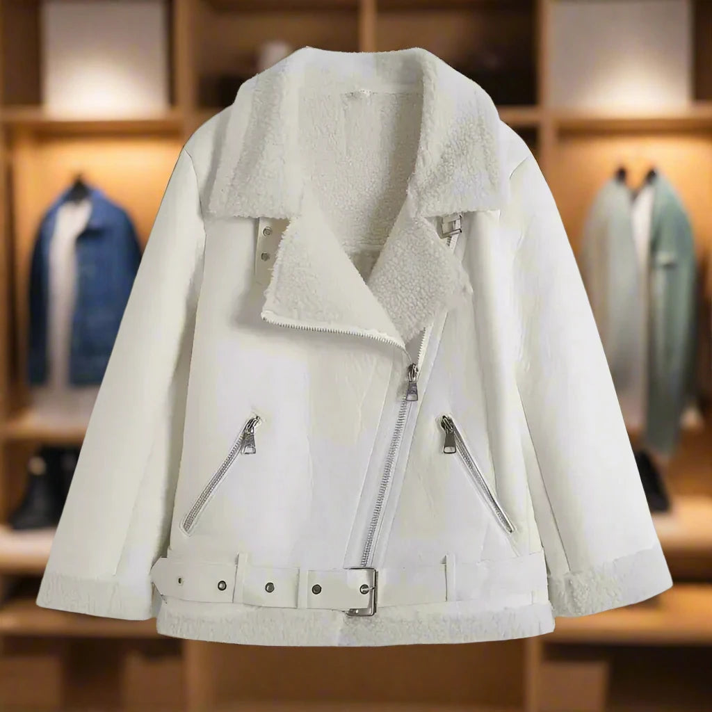 Annabelle Aviator Sheepskin Jacket for women in elegant white with zippers and belt, blending classic aviator style with modern sophistication.