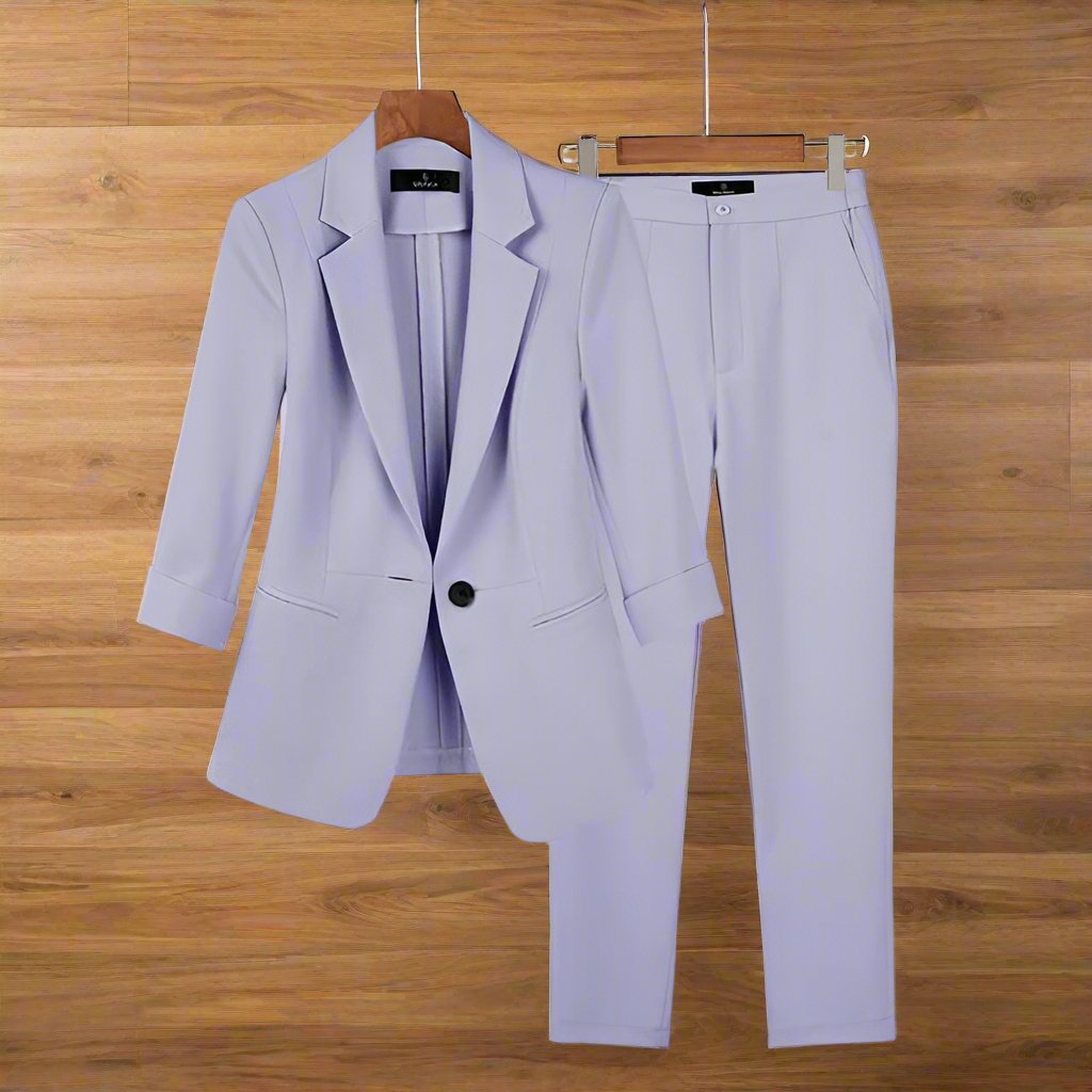 Melanie Premium Suit in light lavender, showcasing a tailored blazer and pants for women's effortless elegance and flawless fit.