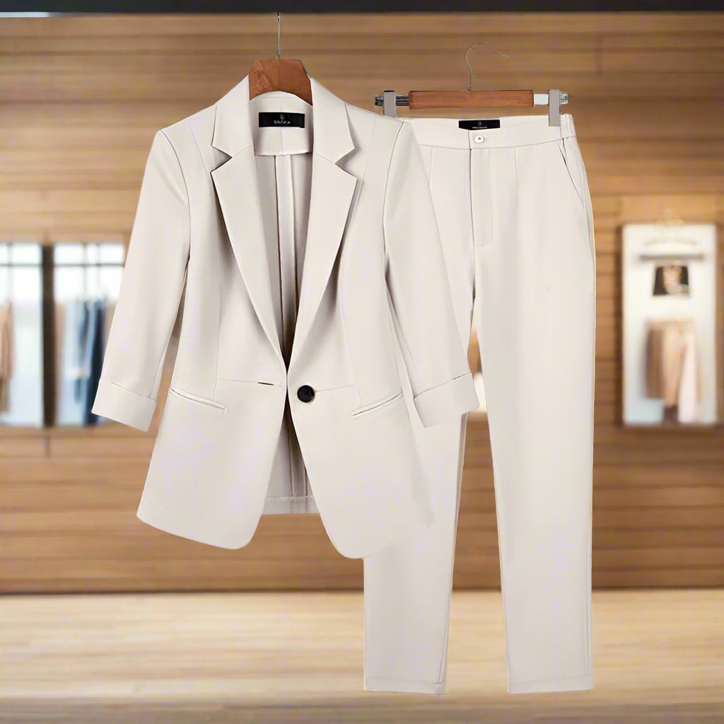 Elegant Melanie Premium Suit for Women in Cream, featuring tailored blazer and pants for a flawless fit and sophisticated style.